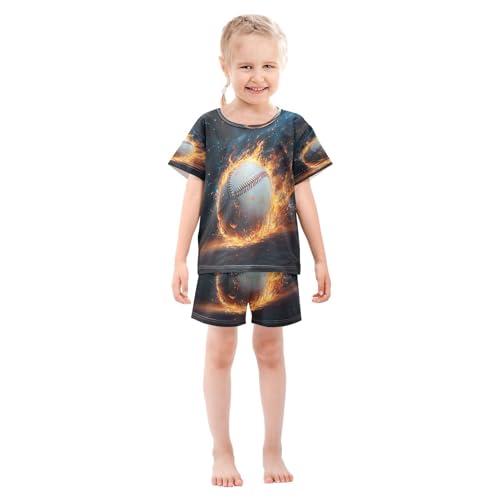 ALAZA Baseball Flame Sky Blue Pajamas Set Short Sleeve Cotton Sleepwear Summer Pjs 2 Piece 5-14Y3
