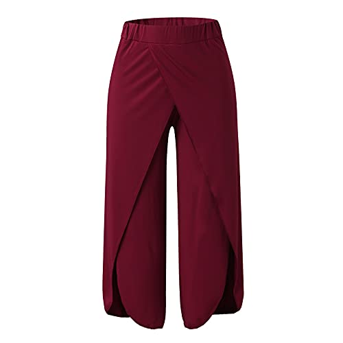 Women's Solid Side Split Boho Pants Wide Leg Palazzo Sweatpants With Slits Flowy Hippie Workout Yoga Trousers (Wine 4X-Large) #TOP1