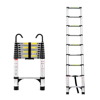 OCACA 8.5FT Telescopic Ladder, Telescopic Aluminum Alloy Multi-Purpose Folding Telescopic Ladder with Hooks and Triangular Support Frame, Suitable for Outdoor Work at Home or RV