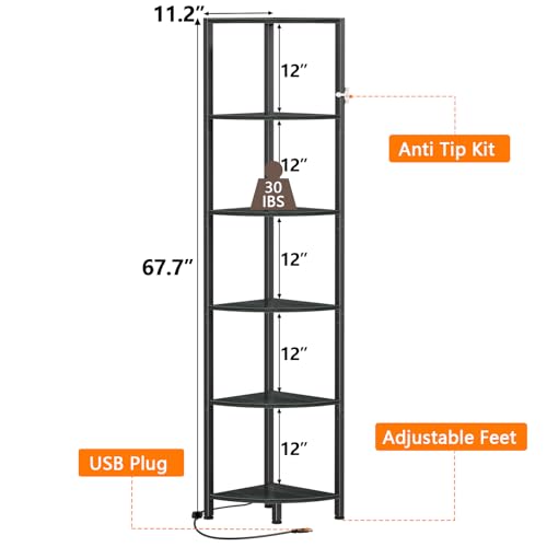 image for Furnulem 6 Tier Corner Shelf with LED Light, 67.5” Tall Standing She
