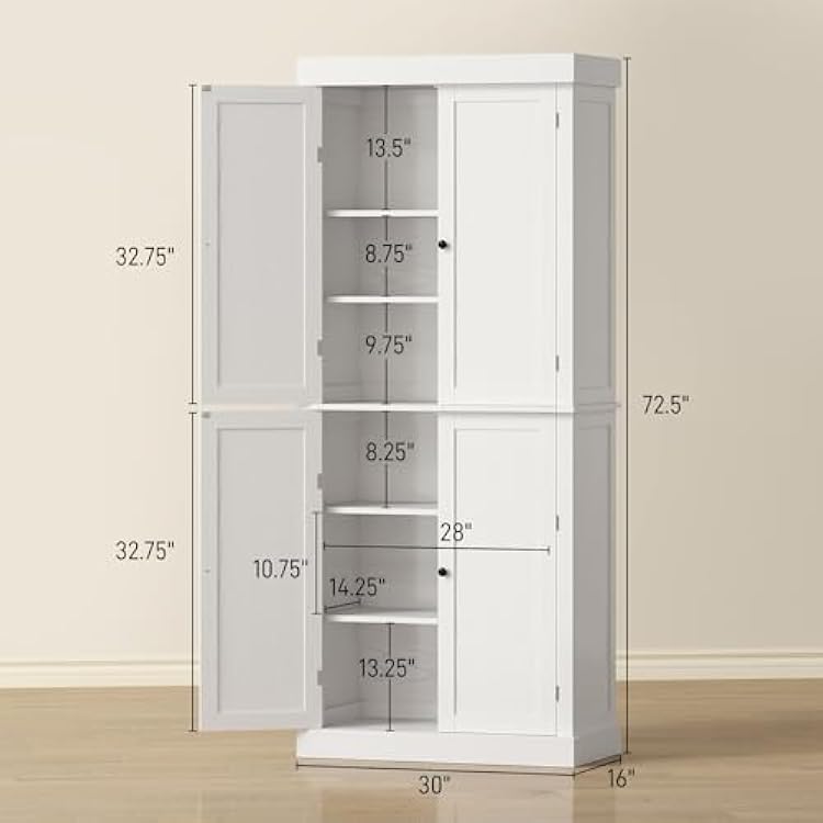 HOMCOM 72.5 Tall Kitchen Pantry Cabinet, Freestanding Modern Farmhouse Kitchen Storage Cabinet with 4 Doors and 2 Adjustable Shelves for Dining Room, White Wood Grain