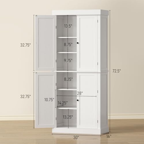 Image of HOMCOM 72.5 inch Tall Kitchen Pantry Cabinet, Freestanding Modern Farmhouse Kitchen Storage Cabinet with 4 Doors and 2 Adjustable Shelves for Dining Room, White Wood Grain