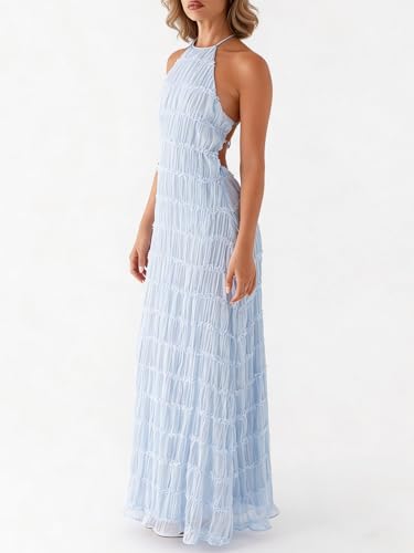 Image of Yiulangde Women's Backless Smocked Maxi Dress Sexy Spaghetti Strap Cut Out Flowy Beach Long Dress Vacation Casual Sundresses