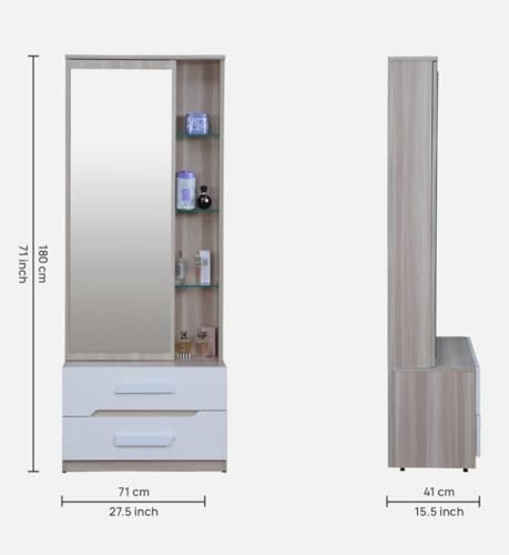 Image of CASPIAN Engineered Wood 1 Door Wardrobe (Oak Light and White) | Pre Assembled Furniture with Mirror & Vanity Dressing Table | Cupboard /Almirah for Bedroom Clothes Storage Organizer with 5 Shelves