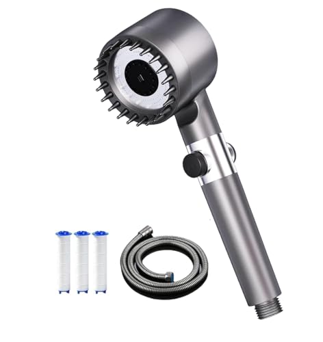 Hochdruck-Duschkopf, energiesparend, 4 Strahlarten, Antikalk-Duschkopf mit 1,5 m Duschschlauch und Duschhalterung (Hellgrau, 27 x 9 x 8 cm))