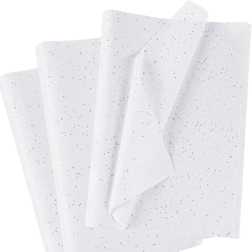 Weiß Seidenpapier für Geschenktüten, 60 Blatt Glitzer Seidenpapier Verpackungsmaterial, Weiß Bastelpapier mit Metallic-Folie, Glänzendes Geschenkpapier für Geburtstage, Weihnachten, 50 x 35 cm