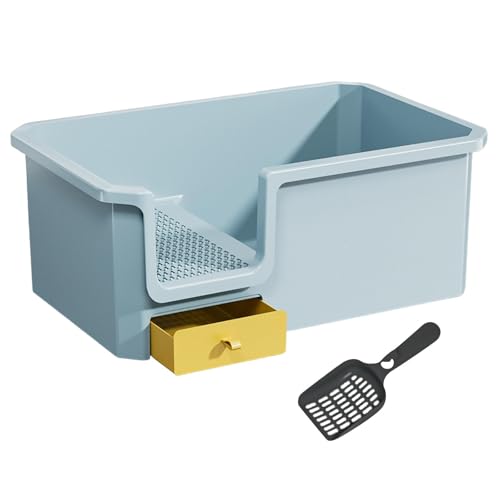 MFMEXUL 猫トイレ 大容量 高側面 半密閉型 低エントリー 一体型スコップ付き 掃除しやすい 飛散防止 室内飼育猫に適用, 青