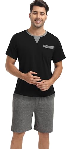 Enjoyoself Men's Summer Short Sleeve Cotton Pyjama Sets Comfy Loungewear Sleepwear with Drawstring Shorts2