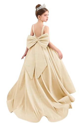 Sparkle Flower Girl Dress Satin Long Pageant Dresses for Girls Straps Prom Ball Gown with Bow
