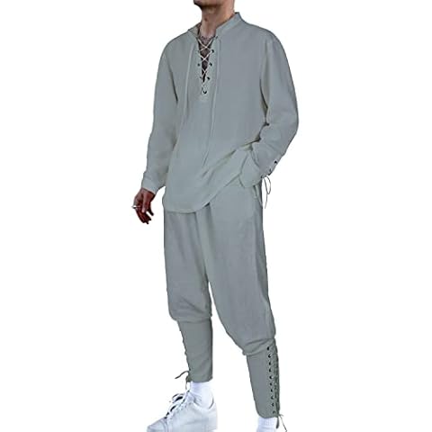 TZIISOA Men's 2-piece Pirate Linen Drawstring Shirt Lace up Pants Casual Set (Z2340BUST, XL) Cover
