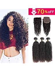 Aodai Hair Brazilian Virgin Curly Hair Weave 3 Bundles with Lace Closure Free Part 4x4 8A 100% Unprocessed Brazilian Kinky Curly Hair Weave Bundles Natural Color(16 18 20+14)