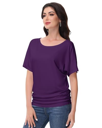 Women's Dolman Top Boat Neck Short Sleeve Solid Tees Casual T Shirt with Side Shirring Detail3