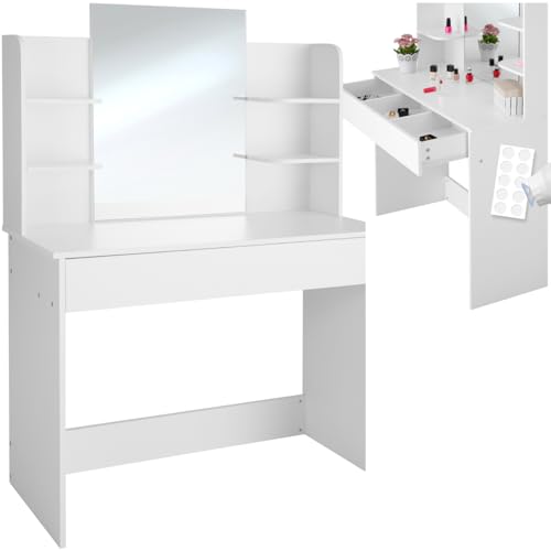tectake® Tocador de Maquillaje Grande y Cajón Ancho con 3 Compartimentos, Organizador Maquillaje para Niñas, Espejo Tocador, Muebles Dormitorio   100 x 40 x 139,5 cm Blanco