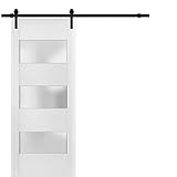 SARTODOORS Sturdy Barn Door 36 x 96 inches Frosted Glass 3 Lites | Lucia 4070 White Silk | Top Mount 6.6FT Rail Hangers Heavy Hardware Set | Solid Panel Interior Doors