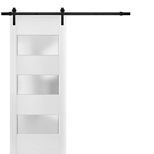 Sturdy Barn Door 36 x 80 inches Frosted Glass 3 Lites | Lucia 4070 White Silk | Top Mount 6.6FT Rail Hangers Heavy Hardware Set | Solid Panel Interior Doors -  Sartodoors, 4070BDBBEM36