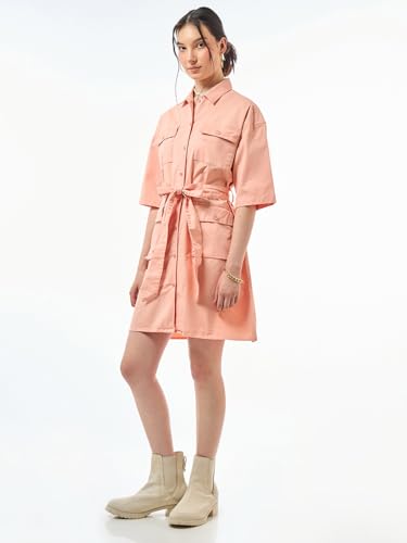 Image of Bewakoof Women's Solid Oversized Fit Half Sleeve Collared Cotton Blend Above The Knee Shirt Dress