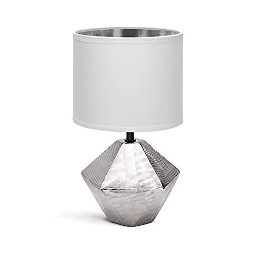 Aigostar - Nachttischlampen, E14-Keramik-Tischlampe, Stoffschirm, klassische Vintage-Design-Schreibtischlampe für Schlafzimmer, Wohnzimmer, Arbeitszimmer, L15 x H25 cm, Silber