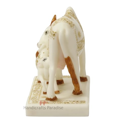 Image of Handicrafts Paradise Cultured Marble Hand Made Painted Kamadhenu Cow Baby, Animal Figurine 4.3 Inch