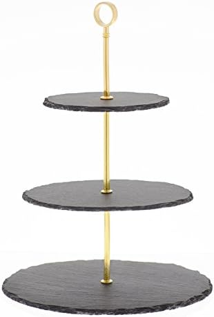 Natural Slate, 3 Tier Serving Stand, Sturdy Durable Fruit Cheese Dessert Display, Black Plates Gold Handles