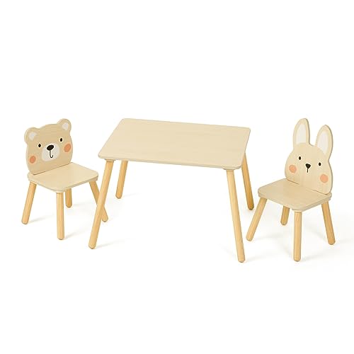 OOOK Kids Wood Table and Chair Set - Including 2 Animal Chairs - Waterproof Desktop - Adorable...
