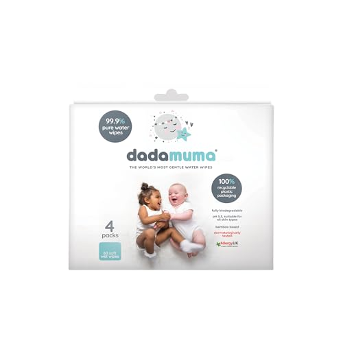 Dadamuma - 99.9% Pure Water Baby Wipes (4 x 60 Wipes), Gentle with Newborn Skin, Natural Ingredients, Allergy UK Approved, Plastic-Free, Biodegradable, Eco-Friendly