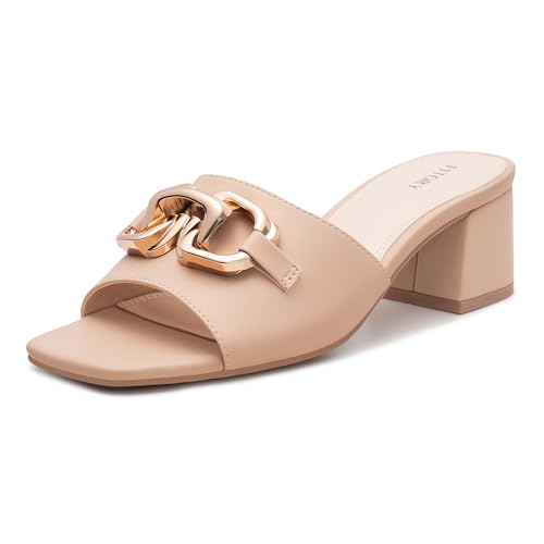 FITORY Womens Low Heel Sandals Dressy with Chunky Block Square Open Toe | Slides, Metal Chain, Slip on, Shoes for Party and Wedding, Daily Wear, Comfortable, Casual, Office, Fashion, Work, C