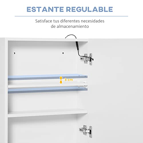 HOMCOM Armario de Baño con Espejo y Luz LED Mueble Espejo de Pared con 2 Estantes de Almacenamiento e Interruptor Táctil para Dormitorio Aseo 50x15x60 cm Blanco - imagen 4