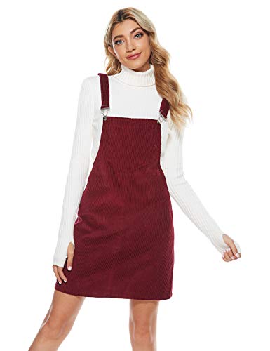 Qiaomai Women's Cute Corduroy Jumper Pinafore Adjustable Straps Bib Overall Mini Dress (Winered-L)