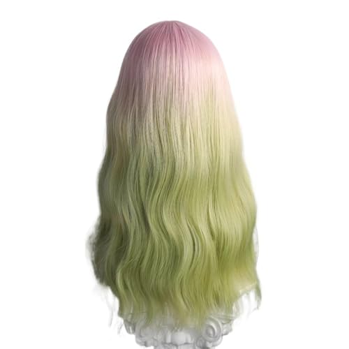 Pelo Natural Peluca sintética Larga Ondulada Rosa ombré Verde con Raya en Medio y esponjosa for Mujer, Peluca de Cosplay Mujer Peluca