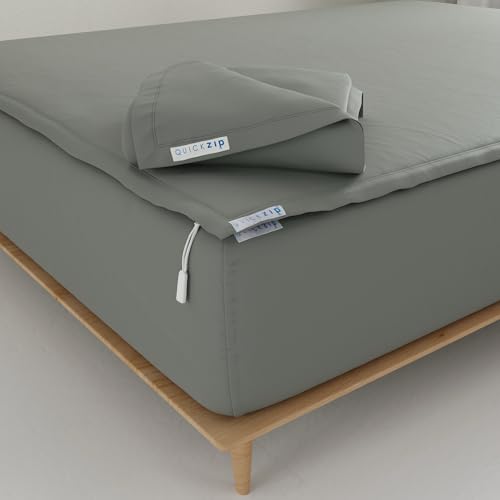 Image of QuickZip Fitted Plus Spare Bundle: 1 Fitted Sheet (Base + Zip Sheet) & 1 Zip Sheet - Easy to Change, Won't Pop Off - Soft Sateen 400 TC 100% Cotton - 17.5 inch Deep Pockets Calking Size - Slate Gray