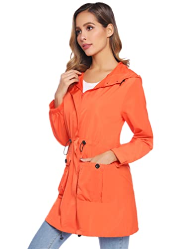 Rain Jacket Raincoat Women Waterproof Lightweight Hooded Rain Coat Active Outdoor Windbreaker Trench Coat S-Xxl, Orange #TOP3