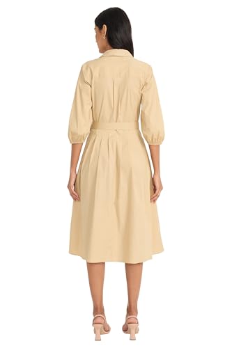 Image of Maggy London Women's Women's Button Down Collared Midi Dress with Pockets - 3 /4 Balloon Sleeve - A-line Shirtdress