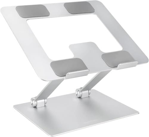 Image of Amazon Basics Sturdy and Portable Ergonomic Laptop Stand for Desk,Height Adjustable Riser with Ventilated Cooling,Foldable,Fits All Laptops up to 17.3 Inch,Silver,10 x 8.7 x 6 in,(Pack of 12)
