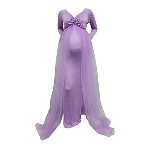 Vestido de mujer para boda, maternidad, manga larga, para embarazadas, vestido de princesa de tul liso, vestido de utilería para fotos para mujer, transparente, XL