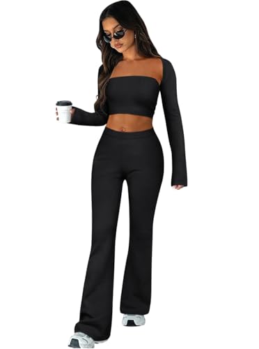 Image of REORIA Womens Fall Two Piece Sets Going Out Outfits Long Sleeve Cardigan with Tube Crop Tops And Flare Pants Lounge Sets