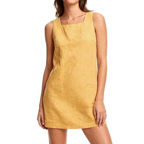 Amazhiyu Womens 100% Linen Summer Square Neck Sleeveless Mini Tank