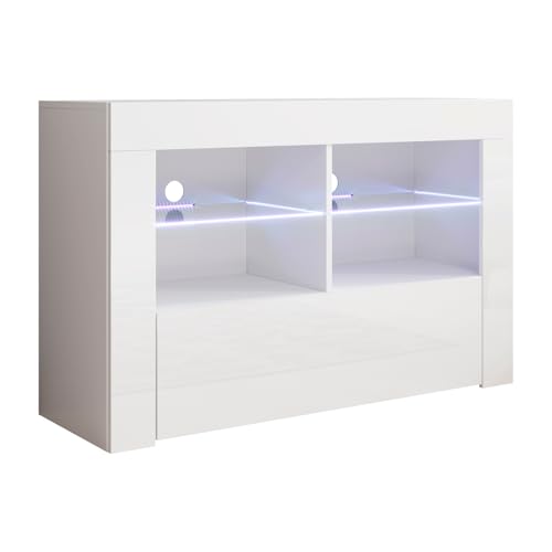 MB Muebles Bonitos, Mueble TV Lilian con Luz LED para Salón Moderno, 1 Puerta Abatible, Mueble de Melamina Brillo, Color Blanco, 100x65x35 cm