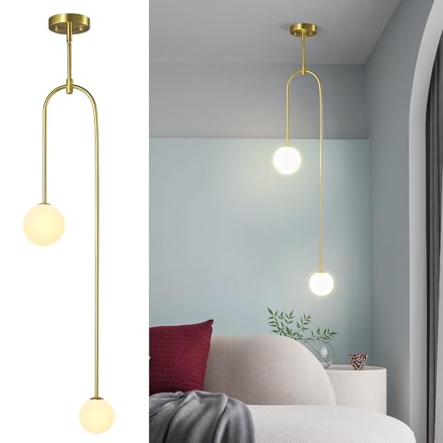 LBSQJ Modern Milk Glass Pendant Light 2 Light Mid Century Chandelier Small Glass Globe Gold Pendant Lights for Kitchen Island Bedroom Dining (1 Pack)