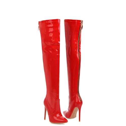 Botas Altas por Encima de la Rodilla de Charol con Cremallera Trasera, Tacones de Aguja, Punta Puntiaguda, Costuras, Color sólido, Suela de Goma Brillante, a la Moda,Rojo,37 EU