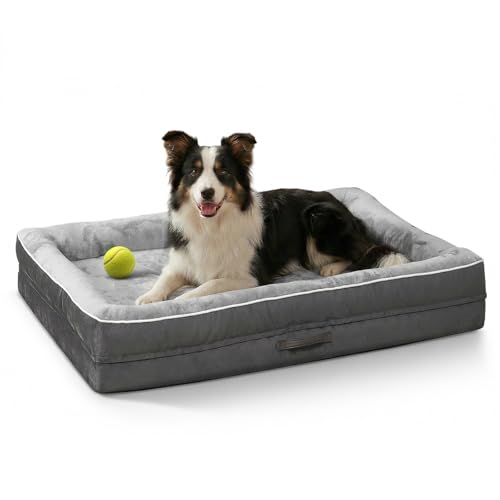 Upvilla Orthopädisches Hundebett Grosse Hunde, Hundekorb Waschbar mit Eierförmiger Kistenschaum，Wasserdicht Hundesofa mit rutschfeste Unterseite und Vierseitiges Kissen (Gray, 91x61x18cm)