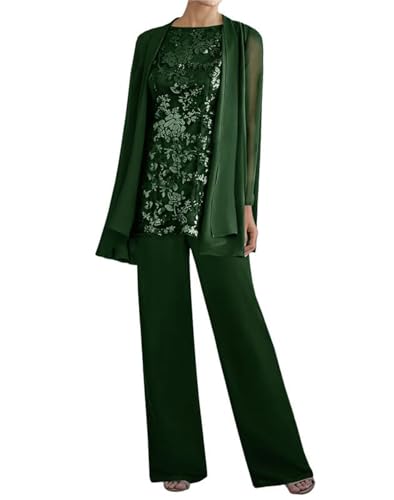 Image of 3 Pieces Mother of The Bride Dresses Pant Suits - Lace Chiffon Long Sleeve Grandmother Dresses with Jacket