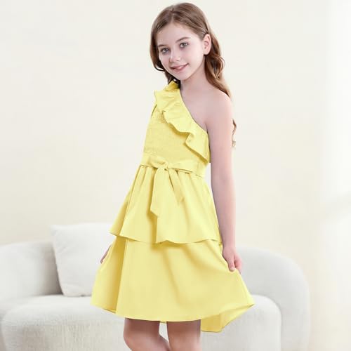 Zando Girls Dresses Tween One Shoulder Ruffle Tiered Layer Summer Party Dress for Girls Teen Dress Clothes Gifts Size 5-144