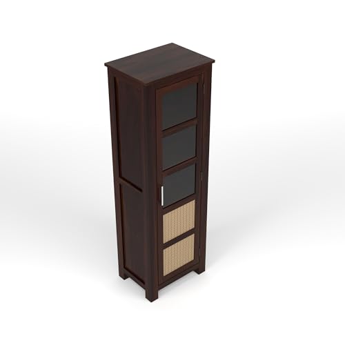 Image of Solid Sheesham Wood Bookshelf with Acrylic Glass Door | Rosewood Kitchen Cabinet with Storage Shelves for Dining Room & Office (B-Walnut Finish)