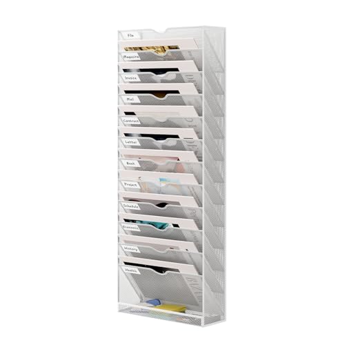 Senhoglb 13 Fächer Hanging File Organizer Zeitungshalter Wand Metall A4 Dokumentenablage Hängeregister Zeitschriftenständer Flyerhalter Prospektspender mit 12 Fächern und 1 Tablett, Weiß