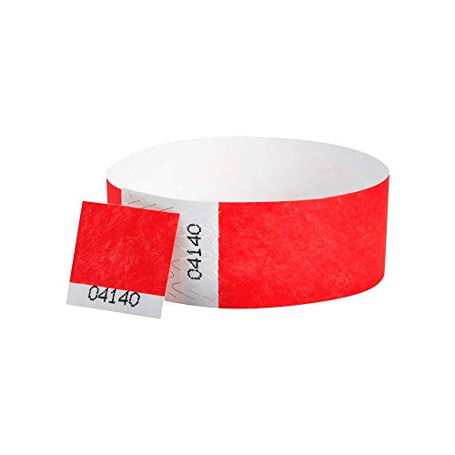 WristCo Neon Red 3/4 Inch Voucher Detachable Stub 500 Count Paper Wristbands for Events