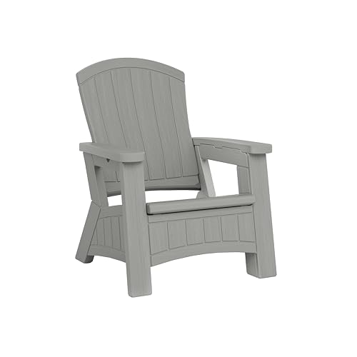 Suncast Outdoor Patio Adirondack Chair with 8 Gallons of Under-Seat Storage, Stylish Faux Wood Outdoor Storage Chair, Dove Gra