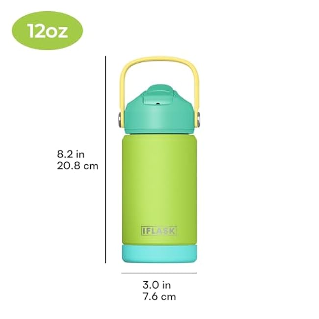 12oz Kids Water Bottle with Straw Lid | 100% Leak Proof | Insulated Stainless Steel Double Walled Thermos | BPA and Sweat free | Hot & Cold (Green)