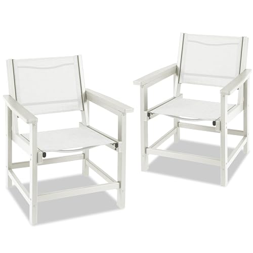 LZRS Dining Chairs HDPE Outdoor Chairs Set of 2 All Wather Heavy Duty with Comfortable Textilene Back and Seat Both for Outdoor and Indoor Use White