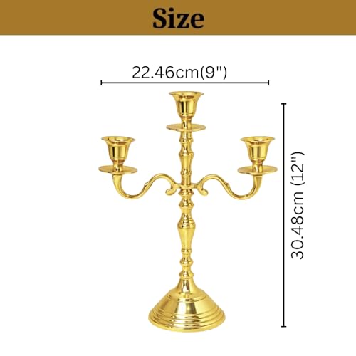 Image of 3 Arm Aluminum Candelabra Gold Finished 12 Inch Candelstick Holders Gothic Decorations | Candle Holder for Home Decor, Wedding & Centerpiece for Dining Table