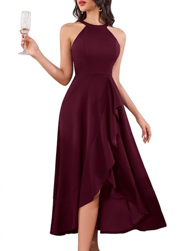 Dressystar Vestido de noche largo para mujer, vestido largo para invitada de boda, elegante, vestido festivo con vokuhila para bailes y cócteles, borgoña, M